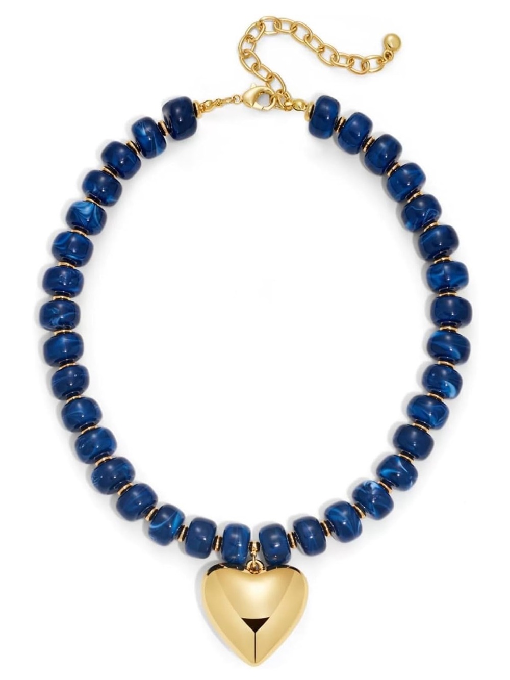 Gold Heart Pendant Blue Beaded Necklace - Women Jewelry
